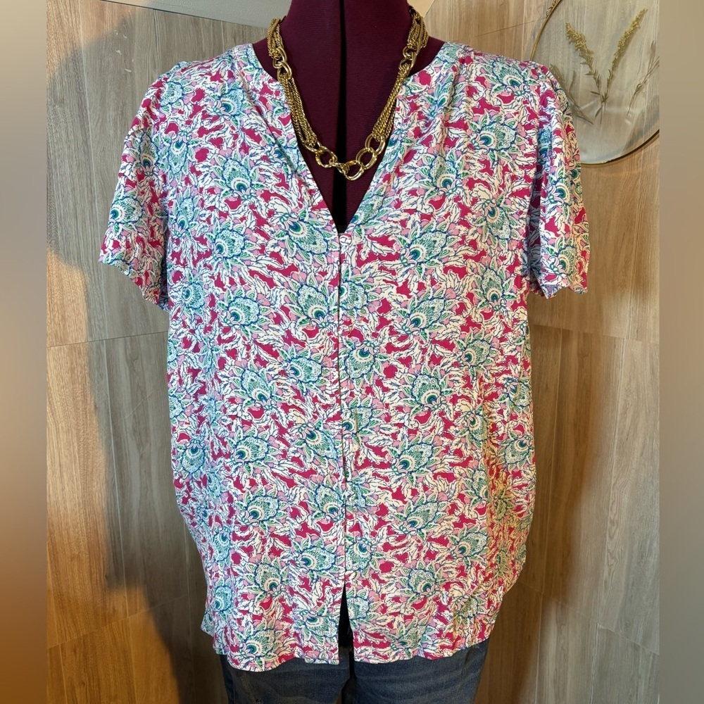 LOFT Pink Floral Button-Front Short Sleeve Blouse